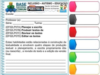 Escola: ______________________________________
____________________________________________
Professor (a): _________________________________
Série: _______________ Turma: _________________
(EF02LP07A) Planejar a escrita
(EF02LP07B) Produzir textos de
(EF02LP07C) Revisar os textos
(EF02LP07D) Editar os textos
Estas habilidades estão relacionadas à construção da
textualidade e envolvem quatro etapas de produção
textual: o planejamento, a escrita propriamente dita
(ou reescrita) , a revisão do texto e a edição da versão
final.
___________________________________________
___________________________________________
___________________________________________
___________________________________________
___________________________________________
 