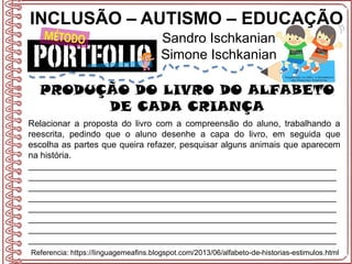INCLUSÃO – AUTISMO – EDUCAÇÃO
Sandro Ischkanian
Simone Ischkanian
PRODUÇÃO DO LIVRO DO ALFABETO
DE CADA CRIANÇA
Referencia: https://linguagemeafins.blogspot.com/2013/06/alfabeto-de-historias-estimulos.html
Relacionar a proposta do livro com a compreensão do aluno, trabalhando a
reescrita, pedindo que o aluno desenhe a capa do livro, em seguida que
escolha as partes que queira refazer, pesquisar alguns animais que aparecem
na história.
_______________________________________________________________
_______________________________________________________________
_______________________________________________________________
_______________________________________________________________
_______________________________________________________________
_______________________________________________________________
_______________________________________________________________
_______________________________________________________________
 