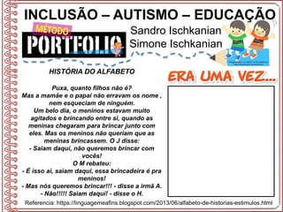 INCLUSÃO – AUTISMO – EDUCAÇÃO
Sandro Ischkanian
Simone Ischkanian
Referencia: https://linguagemeafins.blogspot.com/2013/06/alfabeto-de-historias-estimulos.html
HISTÓRIA DO ALFABETO
Puxa, quanto filhos não é?
Mas a mamãe e o papai não erravam os nome ,
nem esqueciam de ninguém.
Um belo dia, o meninos estavam muito
agitados e brincando entre si, quando as
meninas chegaram para brincar junto com
eles. Mas os meninos não queriam que as
meninas brincassem. O J disse:
- Saiam daqui, não queremos brincar com
vocês!
O M rebateu:
- É isso ai, saiam daqui, essa brincadeira é pra
meninos!
- Mas nós queremos brincar!!! - disse a irmã A.
- Não!!!!! Saiam daqui! - disse o H.
 