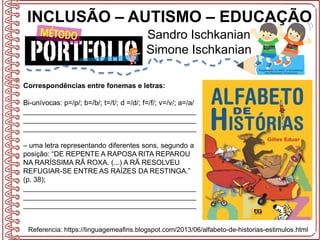 INCLUSÃO – AUTISMO – EDUCAÇÃO
Sandro Ischkanian
Simone Ischkanian
Referencia: https://linguagemeafins.blogspot.com/2013/06/alfabeto-de-historias-estimulos.html
Correspondências entre fonemas e letras:
Bi-unívocas: p=/p/; b=/b/; t=/t/; d =/d/; f=/f/; v=/v/; a=/a/
____________________________________________
____________________________________________
____________________________________________
– uma letra representando diferentes sons, segundo a
posição: “DE REPENTE A RAPOSA RITA REPAROU
NA RARÍSSIMA RÃ ROXA. (...) A RÃ RESOLVEU
REFUGIAR-SE ENTRE AS RAÍZES DA RESTINGA.”
(p. 38);
____________________________________________
____________________________________________
____________________________________________
 