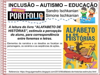 INCLUSÃO – AUTISMO – EDUCAÇÃO
Sandro Ischkanian
Simone Ischkanian
Referencia: https://linguagemeafins.blogspot.com/2013/06/alfabeto-de-historias-estimulos.html
A leitura do livro “ALAFABETO DE
HISTÓRIAS”, estimula a percepção
do aluno, para correspondência
entre fonemas e letras.
Elementos da narrativa e os desafios ao focalizar os
personagens, os cenários e as seqüências de ações..
____________________________________________
____________________________________________
____________________________________________
____________________________________________
____________________________________________
____________________________________________
____________________________________________
____________________________________________
 
