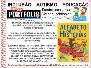 INCLUSÃO – AUTISMO – EDUCAÇÃO
Sandro Ischkanian
Simone Ischkanian
Referencia: https://linguagemeafins.blogspot.com/2013/06/alfabeto-de-historias-estimulos.html
Estimular a leitura entre aqueles que estão
descobrindo a escrita por meio de atividades
lúdicas e interativas.
Favorecer o aprendizado da escrita (sistema da
base alfabética, da correspondência som/letra) e da
linguagem escrita (o texto narrativo, seus elementos
e sua estrutura).
Exercitar a atenção sobre a (não) correspondência
entre som e letra e, por conseqüência, observar
regularidades e irregularidades na escrita de
palavras: “ELA JÁ HAVIA COMIDO QUATRO
QUILOS DE QUEIJO E UMA QUANTIDADE
ENORME DE QUITUTES, QUANDO PAROU NO
QUIOSQUE DO QUATI.” (p. 36)
 