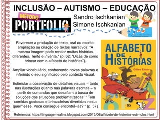 INCLUSÃO – AUTISMO – EDUCAÇÃO
Sandro Ischkanian
Simone Ischkanian
Referencia: https://linguagemeafins.blogspot.com/2013/06/alfabeto-de-historias-estimulos.html
Favorecer a produção de texto, oral ou escrito:
ampliação ou criação de textos narrativos: “A
mesma imagem pode render muitas histórias
diferentes. Tente e invente.“ (p. 62: “Dicas de como
brincar com o alfabeto de histórias”).
Ampliar vocabulário, conhecendo novas palavras e
inferindo o seu significado pelo contexto visual.
Estimular a observação de detalhes visuais – tanto
nas ilustrações quanto nas palavras escritas – a
partir de comandas que desafiam a busca de
soluções das situações problematizadas: “ Tem
comidas gostosas e brincadeiras divertidas nesta
quermesse. Você consegue encontrá-las? “ (p. 37)
 