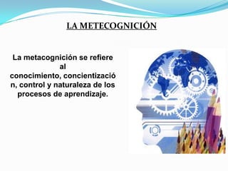 LA METECOGNICIÓN


 La metacognición se refiere
              al
conocimiento, concientizació
n, control y naturaleza de los
  procesos de aprendizaje.
 