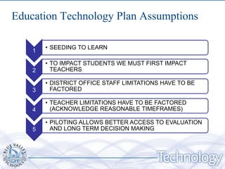 Education Technology Plan Assumptions

        • SEEDING TO LEARN
    1

        • TO IMPACT STUDENTS WE MUST FIRST IMPACT
    2     TEACHERS

        • DISTRICT OFFICE STAFF LIMITATIONS HAVE TO BE
    3     FACTORED

        • TEACHER LIMITATIONS HAVE TO BE FACTORED
    4     (ACKNOWLEDGE REASONABLE TIMEFRAMES)

        • PILOTING ALLOWS BETTER ACCESS TO EVALUATION
    5     AND LONG TERM DECISION MAKING
 