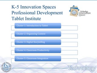 K-5 Innovation Spaces
Professional Development
Tablet Institute
  Cluster 1: Introduction to Tablet


  Cluster 2: Organizing Content


  Cluster 3: Digital Storytelling


  Cluster 4: Classroom Productivity


  Cluster 5: Classroom Integration
 