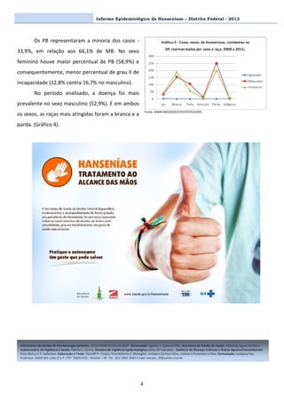 Informe Epidemiológico da Hanseníase – Distrito Federal - 2013
4
Os PB representaram a minoria dos casos -
33,9%, em relação aos 66,1% de MB. No sexo
feminino houve maior percentual de PB (58,9%) e
consequentemente, menor percentual de grau II de
incapacidade (12,8% contra 16,7% no masculino).
No período analisado, a doença foi mais
prevalente no sexo masculino (52,9%). E em ambos
os sexos, as raças mais atingidas foram a branca e a
parda. (Gráfico 4).
Fonte: SINAN-NDS/GDCAT/DIVEP/SVS/SES.
Informativo dp Núcleo de Dermatologia Sanitária– GDCAT/DIVEP/SVS/SES/GDF. Governador: Agnelo S. Queiroz Filho. Secretário de Estado de Saúde: Rafael de Aguiar Barbosa.
Subsecretário de Vigilância à Saúde: Marília C. Cunha. Diretora de Vigilância Epidemiológica: Sônia Mª Geraldes. Gerência de Doenças Crônicas e Outras AgravosTransmissíveis:
Rosa Nancy U R. Sallenave. Elaboração e Texto: Diva Mª P. Passos, Eliza Roberta S. Meneghin, Jandiara Cardoso Silva , Juliana S.Fontenele e Silva. Formatação: Leidijany Paz.
Endereço: SGAN 601 Lotes O e P. CEP: 70830-010 – Brasília – DF. Tel.: (61) 3901.3083 E-mail:.hansen_df@yahoo.com.br
 