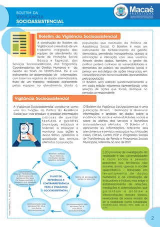 Secretaria|DESENVOLVIMENTO SOCIAL
DIREITOS HUMANOS E ACESSIBILIDADE
BOLETIM DA
VIGILÂNCIA
SOCIOASSISTENCIAL
ANO1 Nº 1 JANEIRO A ABRIL/2021
A construção do Boletim da
Vigilância é o resultado de um
trabalho integrado das
equipes de atendimento da
Rede de Proteção Social
Básica e Especial, dos
Serviços Socioassistenciais, dos Programas,
Coordenadorias de Direitos Humanos e da
Gestão do SUAS da SEMDS-DHA. Ele é um
instrumento de disseminação de informações,
com base nos registros de dados sistematizados,
fruto de um trabalho realizado diariamente
pelas equipes no atendimento direto à
população que necessita da Política de
Assistência Social. O Boletim é mais um
instrumento de fortalecimento da gestão
demcráica, permitindo transparência, acesso a
informação e interação com seus usuários.
Através destes dados, também, o gestor da
política poderá conhecer as vulnerabilidades e
demandas do público da assistência social e
pensar em estratégias de ações integradas, em
consonância com as necessidades apresentadas
pela população.
O Boletim será editado quadrimestralmente e
em cada edição estaremos apresentando uma
seleção de ações que foram destaque no
período correspondente.
Boletim da Vigilância Socioassistencial
A Vigilância Socioassistencial constitui-se como
uma das funções da Política da Assistência
Social que visa produzir e analisar informações
capazes de auxiliar
té c n ico s e g e s to re s
(municipais, estaduais e
federal) a planejar e
monitorar suas ações e,
dessa forma, aprimorar a
qualidade dos serviços
ofertados à população.
O Boletim da Vigilância Socioassistencial é uma
publicação técnica, destinada a disseminar
informações e análises de dados sobre a
incidência de riscos e vulnerabilidades sociais e
sobre as ofertas dos serviços e benefícios
socioassistenciais ofertados. O Boletim nº 1,
apresenta as informações referente aos
atendimentos e serviços realizados nas Unidades
CRAS, CREAS, Centro POP e Programas Sociais
de Transferência de Renda e Programas Sociais
Municipais, referente ao ano de 2021.
Vigilância Socioassistencial
FLUXO DE
REFERÊNCIA E
CONTRARREFERÊNCIA
PARA A VIGILÂNCIA
SOCIOASSISTENCIAL
[...]O processo de investigação da
realidade e das vulnerabilidades
e riscos sociais e pessoais
presentes nos territórios não
assume, assim, apenas o caráter
quantitativo – baseado em
l e v a n t a m e n t o d e d a d o s
numéricos e na construção de
indicadores e índices; mas exige o
estabelecimento de relações,
mediações e sistematizações que
g a r a n t a m a a n á l i s e e
interpretação desses dados,
reveladores de novos modos de
ler a realidade como totalidade.
(NOB/RH-SUAS, BRASIL/ MDS, 2008, vol. 3,
p.34).
REGISTRO GERADO
PELAS REDES DE
PROTEÇÃO SOCIAL
BÁSICA E ESPECIAL
AGRUPAMENTO,
ANÁLISE, PROCESSAMENTO
E DEVOLUÇÃO DE
INFORMAÇÕES PARA
OS TRABALHADORES E
USUÁRIOS QUE GERARAM
AS PRIMEIRAS BASES
SISTEMATIZAÇÃO DAS
INFORMAÇÕES PELA
VIGILÂNCIA
SOCIOASSISTENCIAL
ENCAMINHAMENTO DAS
INFORMAÇÕES À
VIGILÂNCIA
SOCIOASSISTENCIAL
TROCA DE INFORMAÇÕES
ENTRE OS SERVIÇOS
Fonte:
MARTELLI,
T.;
SILVA,
M.,
2015.
2
 