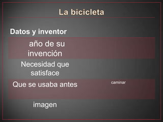 Datos y inventor
      año de su
     invención
   Necesidad que
     satisface
                     caminar
Que se usaba antes

      imagen
 