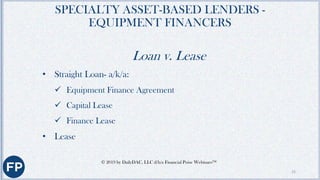 SPECIALTY ASSET-BASED LENDERS -
EQUIPMENT LOANS
• Equipment shown as an asset on balance sheet and depreciated
• Payments ...