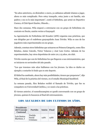 “En años anteriores, en diciembre o enero, ya sabíamos adónde iríamos a jugar,
ahora es más complicado. Pero estoy tranquilo, estoy junto a mi familia, mis
padres y eso es lo más importante”, contó el futbolista, que actuó en Deportivo
Cuenca, el Club Sport Emelec, Olmedo…
Hace dos semanas, Wila empezó a entrenarse con un grupo de futbolistas sin
contrato en Durán, cantón vecino a Guayaquil.
La Agremiación de Futbolistas del Ecuador (AFE) organiza esas prácticas, que
son dirigidas por el exdefensa guayaquileño Juan Triviño. Wila es uno de los
jugadores más experimentados en ese grupo.
Además, constan otros futbolistas que actuaron en Primera Categoría, como Álex
Bolaños, Jaime Caicedo, Víctor Valarezo y José Luis Cortez. Además de los
experimentados, hay otros deportistas de entre 20 y 25 años, sin club.
Triviño cuenta que son 60 futbolistas los que llegaron a sus entrenamientos, que
se iniciaron en noviembre del año pasado.
“Los que tenemos más años hablamos con los jóvenes. La idea es darles un
ejemplo y contarles lo lindo que es este deporte.
El fútbol ha cambiado, ahora hay más posibilidades; tienen que prepararse”, dijo
Wila, al final de la práctica del viernes, en el estadio Municipal Sandiford.
La semana pasada, Álex Bolaños recibió el llamado de Triviño, que fue su
compañero en Universidad Católica, y se sumó a las prácticas.
El viernes anterior, el exmediocampista se quedó conversando con un grupo de
jóvenes, quienes lo buscaron al final del entrenamiento.
LOS ALCALDES DE LOS ULTIMOS 20 AÑOS.
Presidente
del Concejo
Cantonal
Partido Inicio Final
Luis Santos
Martínez, I
Partido
Social
Cristiano
1986 1988
 