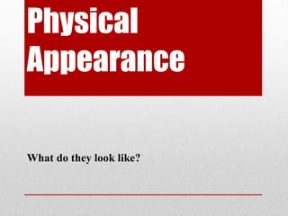 Physical
Appearance
What do they look like?
 