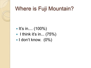 Where is Fuji Mountain?


 It’s in.... (100%)
 I think it’s in... (75%)
 I don’t know. (0%)
 