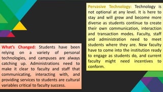 Pervasive Technology: Technology is
not optional at any level. It is here to
stay and will grow and become more
diverse as students continue to create
their own communication, interaction
and transaction modes. Faculty, staff
and administration need to meet
students where they are. New faculty
have to come into the institution ready
to engage as students do, and current
faculty might need incentives to
conform.
What’s Changed: Students have been
relying on a variety of personal
technologies, and campuses are always
catching up. Administrations need to
make it clear to faculty and staff that
communicating, interacting with, and
providing services to students are cultural
variables critical to faculty success.
 