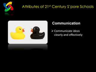 Attributes of 21st Century S’pore Schools



                 Communication
                 Communicate ideas
                  clearly and effectively
 