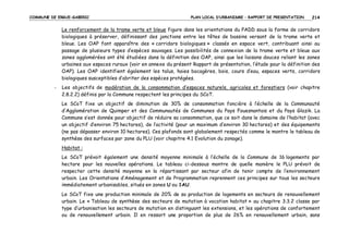 COMMUNE DE ERGUE-GABERIC

PLAN LOCAL D’URBANISME – RAPPORT DE PRESENTATION

214

Le renforcement de la trame verte et bleue figure dans les orientations du PADD sous la forme de corridors
biologiques à préserver, définissant des jonctions entre les têtes de bassins versant de la trame verte et
bleue. Les OAP font apparaître des « corridors biologiques » classés en espace vert, contribuant ainsi au
passage de plusieurs types d’espèces sauvages. Les possibilités de connexion de la trame verte et bleue aux
zones agglomérées ont été étudiées dans la définition des OAP, ainsi que les liaisons douces reliant les zones
urbaines aux espaces ruraux (voir en annexe du présent Rapport de présentation, l’étude pour la définition des
OAP). Les OAP identifient également les talus, haies bocagères, bois, cours d’eau, espaces verts, corridors
biologiques susceptibles d’abriter des espèces protégées.
-

Les objectifs de modération de la consommation d’espaces naturels, agricoles et forestiers (voir chapitre
2.8.2.2) définis par la Commune respectent les principes du SCoT.
Le SCoT fixe un objectif de diminution de 30% de consommation foncière à l’échelle de la Communauté
d’Agglomération de Quimper et des Communautés de Communes du Pays Fouesnantais et du Pays Glazik. La
Commune s’est donnée pour objectif de réduire sa consommation, que ce soit dans le domaine de l’habitat (avec
un objectif d’environ 75 hectares), de l’activité (pour un maximum d’environ 30 hectares) et des équipements
(ne pas dépasser environ 10 hectares). Ces plafonds sont globalement respectés comme le montre le tableau de
synthèse des surfaces par zone du PLU (voir chapitre 4.1 Evolution du zonage).
Habitat :
Le SCoT prévoit également une densité moyenne minimale à l’échelle de la Commune de 16 logements par
hectare pour les nouvelles opérations. Le tableau ci-dessous montre de quelle manière le PLU prévoit de
respecter cette densité moyenne en la répartissant par secteur afin de tenir compte de l’environnement
urbain. Les Orientations d’Aménagement et de Programmation reprennent ces principes sur tous les secteurs
immédiatement urbanisables, situés en zones U ou 1AU.
Le SCoT fixe une production minimale de 20% de sa production de logements en secteurs de renouvellement
urbain. Le « Tableau de synthèse des secteurs de mutation à vocation habitat » au chapitre 3.3.2 classe par
type d’urbanisation les secteurs de mutation en distinguant les extensions, et les opérations de confortement
ou de renouvellement urbain. Il en ressort une proportion de plus de 26% en renouvellement urbain, sans

 