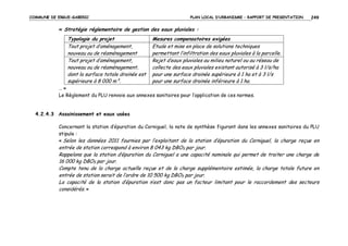 COMMUNE DE ERGUE-GABERIC

PLAN LOCAL D’URBANISME – RAPPORT DE PRESENTATION

249

« Stratégie réglementaire de gestion des eaux pluviales :

Typologie du projet
Tout projet d’aménagement,
nouveau ou de réaménagement
Tout projet d’aménagement,
nouveau ou de réaménagement,
dont la surface totale drainée est
supérieure à 8 000 m².

Mesures compensatoires exigées
Etude et mise en place de solutions techniques
permettant l’infiltration des eaux pluviales à la parcelle.
Rejet d’eaux pluviales au milieu naturel ou au réseau de
collecte des eaux pluviales existant autorisé à 3 l/s/ha
pour une surface drainée supérieure à 1 ha et à 3 l/s
pour une surface drainée inférieure à 1 ha.

…»
Le Règlement du PLU renvoie aux annexes sanitaires pour l’application de ces normes.

4.2.4.3 Assainissement et eaux usées
Concernant la station d’épuration du Corniguel, la note de synthèse figurant dans les annexes sanitaires du PLU
stipule :
« Selon les données 2011 fournies par l’exploitant de la station d’épuration du Corniguel, la charge reçue en

entrée de station correspond à environ 8 043 kg DBO5 par jour.
Rappelons que la station d’épuration du Corniguel a une capacité nominale qui permet de traiter une charge de
16 000 kg DBO5 par jour.
Compte tenu de la charge actuelle reçue et de la charge supplémentaire estimée, la charge totale future en
entrée de station serait de l’ordre de 10 500 kg DBO5 par jour.
La capacité de la station d’épuration n’est donc pas un facteur limitant pour le raccordement des secteurs
considérés. »

 