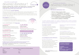 Vous êtes un particulier,

devenez donateur !

staccat

Présidente : Madeleine Zang - Secrétaire : Jean-Claude Emorine - Association loi 1901.
Comité d’honneur : Bernadette Gardey, Henri Dutilleux, Agnès Jaoui, Piotr Moss,
Yutaka Sado, Etienne Vatelot, Jean-François Zygel.

l’Orchestre Lamoureux c’est :

Staccato, cercle des particuliers, fondé en 1999 regroupe ceux qui veulent apporter leur soutien
à l’Orchestre. Cette action vous offre la possibilité de vivre au plus près l’intimité de la vie
de l’Orchestre : participer aux répétitions, à une présentation de la saison par le chef d’orchestre
ou encore, être sur scène aux côtés des musiciens lors du concert. Plusieurs formules vous sont
proposées, faites votre choix !
IBITUM MÉ
CÈ
DL
• A • AD LIBITUM N
4

3•

3 • Fortissimo

Individuel 150 € • Couple 225 €
avantage sostenuto
+ Invitation aux répétitions générales

	 de l’Orchestre dans la salle de concert
+ Une deuxième place à tarif réduit
	 pour un concert Abonnement

1•

Valoriser l’image de votre société,
en l’associant à l’excellence et à la créativité.
Fédérer vos salariés sur des valeurs fortes : la mémoire
du patrimoine français, le soutien à la création
et à l’accessibilité de la musique au plus grand nombre.
Vivre des moments de concerts exceptionnels
à forte audience publique et médiatique.

Le Cercle Lamoureux apporte son soutien à l’Orchestre dans le cadre du mécénat
culturel. Composé d’entreprises et de particuliers, il participe à l’essor et au rayonnement
de l’Orchestre tout au long de la saison.
Les projets à soutenir :

A partir de 300 €

•	 Un concert de l’Orchestre Lamoureux
•	 L’ouverture de l’Orchestre en direction
du jeune public et des étudiants
•	 Dans le domaine de la création, la commande
d’une œuvre auprès d’un compositeur reconnu
•	 La présence de l’Orchestre Lamoureux
dans les plus grands festivals
•	 L’entretien ou l’achat des instruments
(contrebasses, harpe, percussions)
et des partitions

(valable pour 2 personnes)

avantage fortissimo
+ Rencontre avec les artistes du concert

	 (chefs de pupitre, soliste ou chef d’orchestre)
Jeunes de moins de 26 ans : 10 €.
Bénéficiez de ces mêmes avantages.

5 • Ad libitum mécène
(valable pour 2 personnes)

A partir de 1 000 €

avantage AD libitum
+ Citation dans les documents

	 de communication de l’Orchestre

+ Deux invitations à un concert

Un régime fiscal attractif : bénéficiez de la déductibilité fiscale pour les dons des particuliers,
soit 66 % des sommes versées dans la limite de 20 % de votre revenu imposable.
NOUS CONTACTER : Staccato-OCL c/o Madame Zang • 2, rue Anatole France • 94300 Vincennes
01 43 74 36 88 - staccatocl@aol.com
Bulletin d’adhésion à découper et à renvoyer avec votre règlement et une enveloppe timbrée :
Un reçu fiscal vous sera adressé (articles 200 et 238 bis du Code Général des Impôts).

Je joins un chèque de .........….…. € correspondant au montant de ma formule d’adhésion.
Nom	
Adresse
Code postal	
Téléphone	

•	
	
•	
	
	
•	
	

4 • Ad Libitum

Individuel 60 € • Couple 90 €

avantage Moderato
+ Invitation aux répétitions de l’Orchestre

DERA
MO
T

O

2 • Sostenuto

OSTENUT
•S

O

2

Les avantages de Staccato

FORTISSIMO

E

5

Les projets à soutenir :

•	 Un concert de l’Orchestre Lamoureux,
•	 La commande d’une œuvre auprès de compositeurs reconnus,
•	 L’entretien du parc instrumental et de la bibliothèque de partitions.

1 • ModErato

devenez mécène !
Soutenir

L’Orchestre vu de l’intérieur

Individuel 23 €
Réception du bulletin d’information Staccato
Présentation en avant-première de la saison
Une place à tarif réduit pour un concert Abonnement

cercle
lamoureux

Soutenez nos missions,

Prénom
Ville
Email

Les avantages du Cercle Lamoureux :
Les Soirées Cercle Lamoureux :
Réservées aux membres du Cercle, ces soirées
constituent l’occasion de se retrouver
dans un cadre prestigieux autour d’un concert.
Pour la saison 2013-2014, les trois Soirées
Cercle Lamoureux (à partir de 20 personnes
par soirée) ont lieu au Théâtre des
Champs-Elysées les dimanches 17 novembre
2013, 26 janvier et 16 mars 2014.
Contact : Adeline Chausson
administration@orchestrelamoureux.com
01 58 39 30 30

Apparaissez sur les supports de communication
de l’Orchestre :
Mention des membres dans la brochure
de saison, les programmes de chaque concert
et sur le site de l’Orchestre
Un accès privilégié aux concerts :
Deux invitations pour un des cinq concerts
abonnement de la saison et réservation d’une
loge d’honneur à un tarif préférentiel de -15%
Vivez l’Orchestre de l’intérieur :
Invitation aux répétitions générales de l’Orchestre
et à des rendez-vous autour du Directeur musical
Bénéficiez d’un régime fiscal attractif

L’Orchestre Lamoureux
remercie ses mécènes :
CS Aviation
Fondation L’Or du Rhin
LVMH
Michel Brunoro - Groupe PEA
Pierre Caradot Luthier

26
26

 