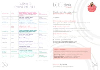 La Garderie

l a saison
en un clin d’œil

Musicale

nouveauté
pour les

Plus besoin de baby-sitter,

3 à 6 ans

15 octobre 2013

20h30

Le Chœur Lamoureux en solo, première !
Brahms - Schubert - Bruckner - Schumann
Patrick Marco, Christine Lajarrige, le Chœur
Lamoureux

17 novembre 2013

17h00

Saint-Saëns - Dutilleux - Berlioz
Fayçal Karoui, Olivier Charlier

Théâtre
des Champs-élysées

Du 6 au 8
décembre 2013

16h00/20h00

Pantin Pantine, Leprest et Didier
Fayçal Karoui ou Laurent Goossaert,
Jean Manifacier, le chœur et les solistes
de la Maîtrise de Paris-direction Patrick Marco

Athénée
Théâtre Louis-Jouvet

14 décembre 2013

16h00*
20h00*

Le Grand Concert de Noël
Fayçal Karoui, le Chœur Lamoureux
et la Maîtrise de Paris - direction Patrick Marco

Salle Pleyel

2/ On en parle, avec nos mots :
Les enfants partagent leurs impressions et discutent avec l’intervenant
de ce qu’ils viennent de vivre ; on imite le chef d’orchestre, on parle des instruments,
des histoires que la musique raconte, etc.

église
Saint-Etienne-du-Mont

22 janvier 2014

20h00

Concert de Gala pour les soixante-dix ans
de la Fondation Long-Thibaud-Crespin
Fayçal Karoui, Solistes N.N.

Théâtre
des Champs-élysées

26 janvier 2014

17h00

Zavaro - Saint-Saëns - Magnard
Fayçal Karoui, Beatrice Rana

Théâtre
des Champs-élysées

16 mars 2014

15h00

The Swingle Singers
Fayçal Karoui, The Swingle Singers

Théâtre
des Champs-élysées

7 avril 2014

20h00

Concert du 15e Grand Prix Lycéen
des Compositeurs
Saariaho - Lalo - Pécou - Offenbach/Rosenthal
Fayçal Karoui, Quatuor Debussy

Théâtre
du Châtelet

17 mai 2014

18h00

Fauré/Messager - Duruflé
Patrick Marco, Elsa Maurus, Arnaud Richard,
le Chœur Lamoureux

16h00/20h00

La Colombe / Le Pauvre Matelot
Claude Schnitzler, Stéphane Vérité,
les Artistes de l’Opéra Studio national du Rhin

Athénée
Théâtre Louis-Jouvet

17 juin 2014

20h00

Récital autour des œuvres de Verdi,
Offenbach, Massenet, Puccini, etc.
Joseph Calleja

Opéra Royal
du château de Versailles

•	 Au menu :
1/ On écoute le concert, comme les grands :
Depuis la grande salle du Théâtre, les enfants assistent à la première œuvre du concert.
Une première expérience de spectateur !

église
de la Trinité

Du 11 au 15
juin 2014

Venez au concert en famille !

33

3/ On s’amuse, en musique :
Tout est prévu pour s’amuser jusqu’à la fin du concert : des jeux, des coloriages,
des comptines d’éveil musical et même un bon goûter.
Ce programme concerne les concerts
des dimanches 17 novembre, 26 janvier et 16 mars
au Théatre des Champs-élysées (p.6, 8 et 10).

Tarif : 15 € par enfant
Offre soumise à l’achat d’une place de concert pour l’adulte accompagnant
Inscription obligatoire avant les dates ci-dessous :
Dimanche 17 novembre - inscription avant le jeudi 7 novembre
Dimanche 26 janvier - inscription avant le jeudi 16 janvier
Dimanche 16 mars - inscription avant le jeudi 6 mars

* sous réserve de modifications

Réservation : 01 58 39 30 30

communication@orchestrelamoureux.com

34

 