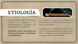 Las principales causas del enfisema
incluyen el tabaquismo, la
descomposición de la elastina por
proteasas y factores genéticos.
Inflamación crónica (incremento de
elastasa y proteasas) y la liberación
de radicales libres.
ETIOLOGÍA
en fumadores, la producción y liberación de
antiproteasas es insuficiente para neutralizar el
exceso de proteasas
La deficiencia de Antitripsina Alfa-1 (AAT) es un
factor de riesgo genético para el desarrollo de
EPOC. La deficiencia de AAT está relacionada
con mutaciones en el gen SERPINA1.
 