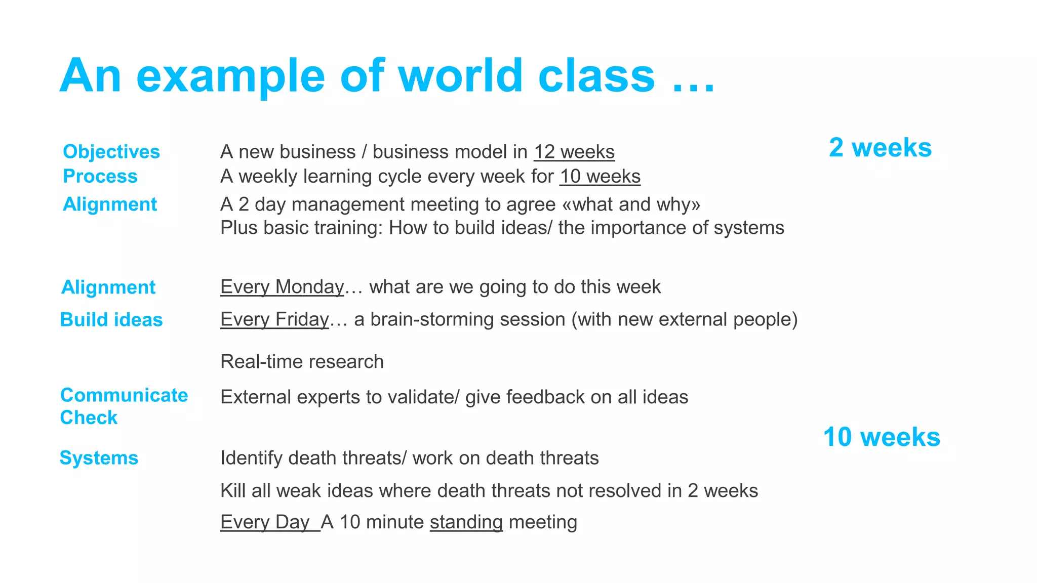 An example of world class …
Objectives
Process
Alignment
A new business / business model in 12 weeks
A weekly learning cycle every week for 10 weeks
A 2 day management meeting to agree «what and why»
Plus basic training: How to build ideas/ the importance of systems
2 weeks
10 weeks
Alignment Every Monday… what are we going to do this week
Build ideas Every Friday… a brain-storming session (with new external people)
Communicate
Check
Real-time research
External experts to validate/ give feedback on all ideas
Systems Identify death threats/ work on death threats
Kill all weak ideas where death threats not resolved in 2 weeks
Every Day A 10 minute standing meeting
 