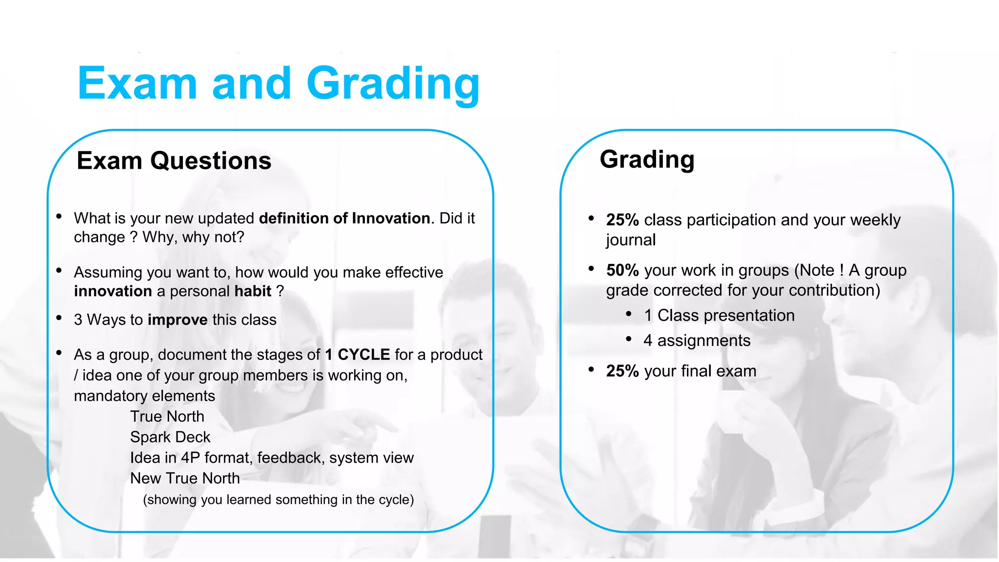 Exam and Grading
Exam Questions
• What is your new updated definition of Innovation. Did it
change ? Why, why not?
• Assuming you want to, how would you make effective
innovation a personal habit ?
• 3 Ways to improve this class
• As a group, document the stages of 1 CYCLE for a product
/ idea one of your group members is working on,
mandatory elements
True North
Spark Deck
Idea in 4P format, feedback, system view
New True North
(showing you learned something in the cycle)
Grading
• 25% class participation and your weekly
journal
• 50% your work in groups (Note ! A group
grade corrected for your contribution)
• 1 Class presentation
• 4 assignments
• 25% your final exam
 