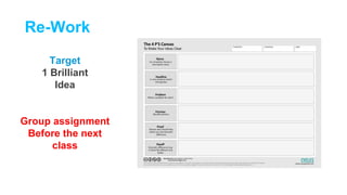 Re-Work
Target
1 Brilliant
Idea
Group assignment
Before the next
class
 