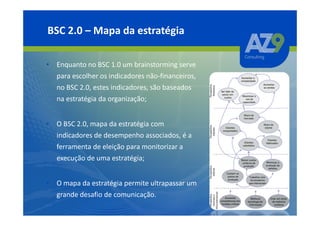 BSC 2.0 – Mapa da estratégia

• Enquanto no BSC 1.0 um brainstorming serve
  para escolher os indicadores não-financeiros,
  no BSC 2.0, estes indicadores, são baseados
  na estratégia da organização;


• O BSC 2.0, mapa da estratégia com
  indicadores de desempenho associados, é a
  ferramenta de eleição para monitorizar a
  execução de uma estratégia;


• O mapa da estratégia permite ultrapassar um
  grande desafio de comunicação.
 