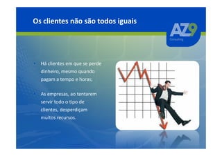 Os clientes não são todos iguais




• Há clientes em que se perde
  dinheiro, mesmo quando
  pagam a tempo e horas;

• As empresas, ao tentarem
  servir todo o tipo de
  clientes, desperdiçam
  muitos recursos.
 