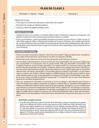22
GuíaDidáctica-Período1-Lenguaje-1°básicoApoyoCompartido
Plan de clase - Período 1 - Lenguaje - 1º Básico
PLAN DE CLASE 2
Período 1: marzo - mayo Semana 1
Objetivo de la clase:
•	 Profundizar la comprensión del poema“¿Qué hacen las vocales?”.
•	 Reconocer las vocales en distintas palabras.
•	 Conocer y utilizar las palabras debajo y sobre.
Inicio (15 minutos)
•	 Socialice la tarea: ¿Le contaron a su familia sobre la clase? Comenten la experiencia. Pregunte si les
leyeron un poema e invite a contar lo que escucharon junto a su familia.
•	 Active conocimientos: ¿Sobre qué hablaba el poema que leímos la clase anterior? ¿Cuáles son las vo-
cales? Pida a algunos niños o niñas que las escriban en la pizarra. Pregunte: ¿Se acuerdan qué hacían
las vocales del poema? Pida que imiten las acciones de las vocales: buscar debajo de las silla como la
letra a, bailar como la letra e, invitar a jugar como la letra i, mirar sorprendidos como la letra o, brincar
como la letra u.
Desarrollo (55 minutos)
•	 Invite a escuchar nuevamente el poema“¿Qué hacen las vocales?”. Diga que deben estar muy atentos
para captar todo lo que dice. Lea el texto en voz alta con expresión y fluidez.
•	 Invite a leer juntos el poema, como una forma de hacerlos sentir lectores o lectoras.
•	 Una vez leído, realice preguntas: ¿Cuál es la letra que mira sorprendida? ¿Por qué creen ustedes que
mira sorprendida? Si es necesario, relea la cuarta estrofa. Pida que desarrollen la Actividad 1 del
Cuaderno. Pregunte: ¿Cuál es la letra que baila? ¿Con quiénes baila? Si es necesario, relea la segunda
estrofa. Pida que desarrollen la Actividad 2. Pregunte: ¿Quién busca debajo de las sillas? ¿Qué busca?
Si es necesario, relea la primera estrofa. ¿Quién está sobre una cama? ¿Quién salta sobre una reja? Para
reforzar estos conceptos y desarrollar su motricidad, pida que realicen la Actividad 3, en que deben
seguir un camino con el lápiz y dibujar: abeja(s) y ardilla(s) debajo de la silla, iguana sobre la cama,
oveja saltando sobre la reja y urraca pasando por el agujero de la pared. En la Actividad 3, para dibu-
jar la urraca, deben entender el concepto “escapar por” o “a través de”, que no solo indica ubicación
espacial sino también desplazamiento.
•	 Pida que compartan la Actividad 3 mostrando al curso sus dibujos y describiendo qué hicieron y
cómo. Dé tiempo para explicar oralmente su trabajo y así desarrollar su capacidad metacognitiva al
ordenar sus ideas para expresar frente a otros(as) lo que realizaron. Al apoyar a su curso considere que
seguramente ya conocen las expresiones funcionales“sobre”y“debajo de”; sin embargo, lo importan-
te es que las incorporen a su vocabulario. Por ejemplo, es probable que sus estudiantes comúnmente
digan“la ardilla está en la silla”, sin importar si el animal está debajo de la silla o sobre ella; incorporar
efectivamente este tipo palabras les permitirá hacer descripciones más precisas de lo que ven o ima-
ginan.
Actividades complementarias
•	 Si se dan las condiciones, para la revisión de la Actividad 3 pegue en la pizarra un papeló-
grafo con el dibujo del mismo camino que aparece en los Cuadernos. Pida a distintos estu-
diantes que salgan adelante y lo completen con los dibujos correspondientes, indicando
en cada caso dónde se encuentra el animal:“la abeja y la ardilla están debajo de la silla”,“la
iguana está sobre la cama”,“oveja está saltando sobre la reja”y“la urraca está pasando por el
agujero”. Al finalizar, puede pegar el papelógrafo en un lugar visible de la sala y mantenerlo
allí durante el resto de la semana.
 