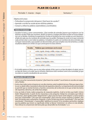 24
GuíaDidáctica-Período1-Lenguaje-1°básicoApoyoCompartido
Plan de clase - Período 1 - Lenguaje - 1º Básico
Objetivo de la clase:
•	 Profundizar la comprensión del poema“¿Qué hacen las vocales?”.
•	 Aprender a escribir las vocales a, e en distintas palabras.
•	 Conocer y utilizar las palabras sorprendida(o) y asombrada(o).
Inicio (15 minutos)
•	 Socialice la tarea y active conocimientos: ¿Qué nombre de animales leyeron que empiecen con las
distintas vocales? Pida que muestren, desde sus bancos, la página del Texto escolar en la que trabaja-
ron con su familia. Comenten la experiencia. Escriba en la pizarra las cinco vocales en una columna y,
al lado de cada una, los nombres de animales que recuerden. Destaque la vocal con la que comienza
cada animal y lean a coro todas las palabras. Complete el cuadro con nombres de otros animales que
no hayan mencionado y que pueden ser desconocidos, pero que amplían esta red semántica. La tabla
resultante debería ser similar a la que construyeron la clase anterior:
•	 En la tabla aparece el íbice, que es una cabra salvaje; el ibis, que es un tipo de pájaro; el uakari, que es
un tipo de mono; y el urubú, que es el buitre. Mencione estos nombres como una curiosidad, ya que
no están en nuestro vocabulario de uso común.
Desarrollo (55 minutos)
•	 Invite a escuchar nuevamente el poema“¿Qué hacen las vocales?”. Lea el texto en voz alta con expre-
sión y fluidez.
•	 Invite a leer todos juntos el poema en voz alta mientras usted modela la lectura. Pida que sigan el tex-
to con su dedo índice marcando la dirección de izquierda a derecha. La importancia de esta actividad
es permitir que se sientan lectores y hacerlos conscientes de la dirección en la que se leen los textos
(de izquierda a derecha y de arriba hacia abajo).
•	 Una vez leído el texto, realice preguntas de respuesta explícita: ¿Cuál es la letra que baila? ¿Cómo
baila? (Alegremente). A partir de las respuestas a esta pregunta, trabaje los conceptos que indican
emociones: ¿Qué significa bailar“alegremente”? ¿Qué cosas los hacen sentir alegres? ¿Cuál es la letra
que mira “sorprendida”? ¿Por qué mira sorprendida? ¿Qué cosas les causan sorpresa a ustedes? ¿Por
qué? Dé tiempo para comentarios. Pregunte: ¿Cuál es la letra que brinca“asombrada”? ¿Por qué está
asombrada? ¿”Asombrada” y “sorprendida” significan lo mismo? Si lo considera pertinente, explique
que las palabras que tienen un significado similar se llaman “sinónimos”, sin entrar en más detalles.
Para reforzar la comprensión del texto pida que desarrollen las Actividades 1 y 2.
PLAN DE CLASE 3
Período 1: marzo - mayo Semana 1
Vocales Palabras que comienzan con la vocal
a araña, águila, almeja, ardilla, avispa, avestruz…
e escarabajo, erizo, escarabajo, escorpión…
i iguana, íbice, ibis…
o oso, orca, orangután, ostra…
u urraca, uakari, urubú...
 