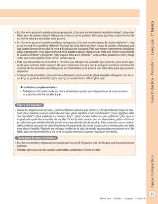 25
GuíaDidáctica-Período1-Lenguaje-1°básicoApoyoCompartido
Plan de clase - Período 1 - Lenguaje - 1º Básico
•	 Escriba en la pizarra la palabra abeja y pregunte: ¿Con qué vocal empieza la palabra abeja? ¿Hay otras
letras a en la palabra abeja? Márquelas y lean a coro la palabra. Destaque que hay cuatro formas de
escribir la letra a y escríbalas en la pizarra.
•	 Escriba en la pizarra la palabra elefante y pregunte: ¿Con qué vocal empieza la palabra elefante? ¿Hay
otras letras e en la palabra elefante? Marque las otras letras e y lean a coro la palabra. Destaque que
hay cuatro formas de escribir la letra e. Escríbalas en la pizarra. Pida que miren nuevamente la palabra
abeja y pregunte: ¿Hay alguna letra e en la palabra abeja? Marque la e. Pida que miren nuevamente
la palabra elefante y pregunte: ¿Hay alguna letra a en elefante? Lean ambas palabras a coro y haga
notar que estas palabras solo tienen vocales a y e.
•	 Pida que desarrollen la Actividad 3. Permita que dibujen los animales que quieran, pero preocúpe-
se de que primero estén seguros de que comienzan con a y con e. Apoye la escritura correcta del
nombre de los animales que dibujaron, escribiéndolos en la pizarra con letra clara para que puedan
copiarlos.
•	 Compartan la actividad: ¿Qué animales dibujaron con la vocal a? ¿Qué animales dibujaron con la vo-
cal e? ¿Les gustó la actividad? ¿Por qué? ¿Les resultó fácil o difícil? ¿Por qué?
Cierre (15 minutos)
•	 Revise los objetivos de la clase: ¿Cómo se llama el poema que leímos? ¿Comprendieron mejor el poe-
ma? ¿Qué palabras nuevas aprendieron hoy? ¿Qué significa estar “asombrada”? ¿Qué significa estar
“sorprendida”? ¿Qué palabras escribieron hoy? ¿Qué vocales había en esas palabras? ¿Por qué es
importante aprender a escribir las vocales? Si en la sala cuentan con un abecedario, pida a distintos
estudiantes que señalen dónde está la vocal a y dónde está la vocal e. Si no cuentan con un abece-
dario, elabore uno para la clase siguiente, incorporando las letras mayúsculas y minúsculas con letra
muy clara y legible. Péguelo en un lugar visible de la sala, de modo que puedan reconocer en él las
letras que van aprendiendo y les sirva de ayuda memoria cuando requieran escribirlas.
Tarea para la casa (5 minutos)
•	 Escribir su nombre y destacar las vocales que hay en él. Preguntar a la familia por qué les pusieron ese
nombre.
•	 Realizar ejercicios con las vocales aprendidas utilizando el Texto escolar.
Actividades complementarias
•	 Trabajen en el Cuaderno de escritura actividades que les permitan reforzar el reconocimien-
to y escritura de las vocales a y e.
 