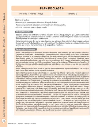 30
GuíaDidáctica-Período1-Lenguaje-1°básicoApoyoCompartido
Plan de clase - Período 1 - Lenguaje - 1º Básico
PLAN DE CLASE 6
Período 1: marzo - mayo Semana 2
Objetivo de la clase:
•	 Profundizar la comprensión del cuento“El regalo de Mili”.
•	 Reconocer y escribir la letra m en combinación con distintas vocales.
•	 Conocer y utilizar la palabra decepcionada.
Inicio (15 minutos)
•	 Socialice la tarea: ¿Le contaron a su familia el cuento de Mili? ¿Les gustó? ¿Por qué? ¿Cómo les resultó?
¿Qué podrían hacer para contar mejor el cuento? Comenten libremente y luego enfatice la necesidad
de comprender el cuento para contarlo bien.
•	 Active conocimientos: ¿De qué se trata el cuento que leímos la clase anterior? ¿Qué letra aprendimos
leer con el cuento? ¿Qué palabras con esa letra leímos? Escríbalas en la pizarra y pida a distintos niños
y niñas que vayan a marcar las letras m de las palabras y las lean.
Desarrollo (55 minutos)
•	 Invite a leer y observar nuevamente el cuento. Pregunte: ¿Qué tenemos que leer primero? (El título).
¿Alguien lo puede leer? Dé tiempo para que algunos niños y niñas lo lean, aunque no lo lean exac-
tamente sino que su lectura sea producto de que ya lo memorizaron. Felicítelos porque ya pueden
leer algunas frases. Lea usted el título nuevamente de manera fluida y pregunte: ¿Podemos hacer
algo antes de leer el texto para que la lectura nos resulte más fácil? Pueden señalar varias estrategias,
pero preocúpese de que no olviden mencionar “observar las imágenes”. Diga que usted va a leer el
texto y que, mientras usted lee, pueden observar las imágenes. Lea el texto en voz alta con expresión
y fluidez.
•	 Invite a leer juntos el cuento, como lo han hecho anteriormente, siguiendo la lectura con su dedo
índice marcando la dirección de izquierda a derecha.
•	 Comenten la experiencia de haber leído por segunda vez el texto y pregunte: ¿Pueden reconocer
algunas palabras? ¿Cuáles? Pida que las mencionen y muestren dónde están. Busque que se autoco-
rrijan cuando no puedan leer bien una palabra y que descubran por qué les cuesta leerla. Puede leer
una vez más el texto para reforzar esta etapa de lectura inicial. Realice preguntas de respuesta explí-
cita: ¿Quién está de cumpleaños? ¿Qué le regaló primero la mamá a Mili? A partir de las respuestas,
realice una pregunta inferencial: ¿Por qué Mili estaba un poco decepcionada? (Porque quería un libro
sobre monstruos y no una mochila). Trabaje la palabra decepcionada: ¿Cómo se sentirían ustedes
si les regalaran algo que no quieren? ¿Cómo se habrá sentido Mili? ¿Qué significa la palabra decep-
cionada? Concluyan que estar decepcionado(a) significa sentir que algo que uno quiere no sucede.
Continúe con preguntas de inferencia: ¿Qué pasó al final? (La mamá sí le tenía el libro que ella quería).
•	 Para evidenciar su comprensión y desarrollar destrezas en relación con la escritura de la letra m, pida
que desarrollen individualmente las Actividades 1 a 3, que van progresando en nivel de complejidad
y requieren haber realizado la anterior. Por esta razón, lea primero la Actividad 1, dé tiempo para que
marquen el recuadro que corresponde a la respuesta correcta y, para revisar, pida que lean lo que dice
el recuadro y acuerden la respuesta correcta. Lea la Actividad 2, dé tiempo para que marquen el re-
cuadro que corresponde a la respuesta correcta y, para revisar, pida que lean lo que dice el recuadro.
Confirmen la respuesta leyendo lo que dice el carril y solo entonces pida que repasen las palabras
que están con línea punteada. Proceda del mismo modo con la Actividad 3. Finalmente, desarrollen la
Actividad 4 que les permitirá, especialmente, reforzar su comprensión de la palabra decepcionado(a)
a través de la visualización del gesto que puede estar asociado a esta emoción.
 