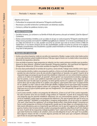 38
GuíaDidáctica-Período1-Lenguaje-1°básicoApoyoCompartido
Plan de clase - Período 1 - Lenguaje - 1º Básico
PLAN DE CLASE 10
Período 1: marzo - mayo Semana 3
Objetivo de la clase:
•	 Profundizar la comprensión del poema“El lagarto está llorando”.
•	 Reconocer y escribir la letra l en combinación con distintas vocales.
•	 Conocer y utilizar las palabras montar y raso.
Inicio (15 minutos)
•	 Socialice la tarea: ¿Le contaron a su familia el título del poema y de qué se trataba? ¿Qué les dijeron?
Comenten.
•	 Active conocimientos: Invítelos a ver un video en el que se canta el poema “El lagarto está llorando”
(http://www.youtube.com/watch?v=kQflWrUzpng&feature=related). Si no tiene la posibilidad de ver
un video de Internet en su sala, pueden escuchar la canción que está en el disco Arena (1968) de
Isabel Parra. Si no tienen ninguna de las dos posibilidades, puede escuchar la canción en la página
señalada y enseñárselas a los estudiantes o puede usted inventarle un ritmo (el ritmo de rap se ajusta
muy bien al del poema).
Desarrollo (55 minutos)
•	 Invite a escuchar el poema. Léalo en voz alta con expresión y fluidez. Luego, invite a leer todos juntos
en voz alta mientras usted modela la lectura. Pida que sigan el texto con su dedo índice marcando la
dirección de izquierda a derecha.
•	 Una vez leído el poema, haga preguntas en relación con las cuatro primeras estrofas que ya profun-
dizaron la clase anterior: ¿Quiénes están llorando? (Pregunta explícita). ¿Por qué lloran los lagartos?
(Pregunta de inferencia). ¿Cómo están vestidos los lagartos? (Pregunta explícita).
•	 En esta clase profundizarán el sentido de la quinta y sexta estrofa. Trabaje estas estrofas como sigue:
•	 Lea la quinta estrofa y realice una pregunta explícita: ¿Cómo es el cielo del poema? Si les cuesta res-
ponder, lea solo el primer verso de esa estrofa y haga énfasis en“grande y sin gente”. A partir de la
respuesta haga una pregunta que les permita establecer relaciones con sus conocimientos previos:
¿Cómo es el cielo en la realidad? ¿Es grande? ¿Tiene gente? Lea nuevamente la estrofa y explique
que los poetas, a veces, usan palabras especiales para que nos imaginemos cosas. Diga que aquí
el poeta dice que“el cielo (que es grande y no tiene gente) monta en su globo a los pájaros”: ¿Qué
querrá decir que el cielo monte en su globo a los pájaros? ¿Qué quiere decir que “un papá monte
en un caballo a su hijo”? (Que lo sube arriba del caballo). Explique que lo que quiere decir el poeta
es que“el cielo deja que los pájaros suban a él”y pregunte: ¿Dónde vuelan los pájaros? (En el cielo).
Diga que eso es lo que el poeta quiere que nos imaginemos:“Un cielo grande, sin gente y con pá-
jaros que vuelan”.
•	 Lea la sexta estrofa y realice una pregunta de inferencia: ¿Cómo es el sol? Si les cuesta responder,
lea solo el primer verso de esa estrofa y haga énfasis en “redondo”. A partir de la respuesta haga
una pregunta que les permita establecer relaciones con sus conocimientos previos: ¿Cómo es el
sol en la realidad? Luego haga una pregunta de inferencia: ¿Por qué el poeta dirá que el sol es un
“capitán redondo”? Ayúdelos a comprender e imaginar preguntando: ¿Es el sol como un capitán?
¿Por qué? ¿Qué hacen los capitanes? ¿El sol dirige desde arriba? ¿Qué podría dirigir? Conversen en
torno a estas preguntas sin limitar la imaginación: puede que lo que digan no corresponda al sen-
tido exacto del poema, pero es importante que disfruten con lo que les sugieren las metáforas del
poema. Vuelva a leer la sexta estrofa y realice una pregunta explícita: ¿Qué lleva el sol? (Un chaleco
de raso). A partir de las respuestas, trabaje la palabra“raso”: ¿Qué será el raso? (Un tipo de tela). ¿De
qué están hechos los chalecos de ustedes? ¿Será una tela elegante el raso? ¿Por qué? Si es posible,
lleve algunos retazos de tela o muestre algunas prendas de vestir para que comparen; destaque
que el raso se usa para ropa elegante.
 