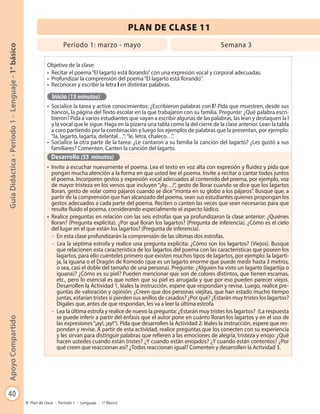 40
GuíaDidáctica-Período1-Lenguaje-1°básicoApoyoCompartido
Plan de clase - Período 1 - Lenguaje - 1º Básico
PLAN DE CLASE 11
Período 1: marzo - mayo Semana 3
Objetivo de la clase:
•	 Recitar el poema“El lagarto está llorando”con una expresión vocal y corporal adecuadas.
•	 Profundizar la comprensión del poema“El lagarto está llorando”.
•	 Reconocer y escribir la letra l en distintas palabras.
Inicio (15 minutos)
•	 Socialice la tarea y active conocimientos: ¿Escribieron palabras con l? Pida que muestren, desde sus
bancos, la página del Texto escolar en la que trabajaron con su familia. Pregunte: ¿Qué palabra escri-
bieron? Pida a varios estudiantes que vayan a escribir algunas de las palabras, las lean y destaquen la l
y la vocal que le sigue. Haga en la pizarra una tabla como la del cierre de la clase anterior. Lean la tabla
a coro partiendo por la combinación y luego los ejemplos de palabras que la presentan, por ejemplo:
“la, lagarto, lagarta, delantal…”;“le, letra, chaleco…”.
•	 Socialice la otra parte de la tarea: ¿Le cantaron a su familia la canción del lagarto? ¿Les gustó a sus
familiares? Comenten. Canten la canción del lagarto.
Desarrollo (55 minutos)
•	 Invite a escuchar nuevamente el poema. Lea el texto en voz alta con expresión y fluidez y pida que
pongan mucha atención a la forma en que usted lee el poema. Invite a recitar o cantar todos juntos
el poema. Incorporen gestos y expresión vocal adecuados al contenido del poema, por ejemplo, voz
de mayor tristeza en los versos que incluyen “¡Ay…!”, gesto de llorar cuando se dice que los lagartos
lloran, gesto de volar como pájaros cuando se dice “monta en su globo a los pájaros”. Busque que, a
partir de la comprensión que han alcanzado del poema, sean sus estudiantes quienes propongan los
gestos adecuados a cada parte del poema. Reciten o canten las veces que sean necesarias para que
resulte fluido el poema, considerando especialmente el aspecto lúdico.
•	 Realice preguntas en relación con las seis estrofas que ya profundizaron la clase anterior: ¿Quiénes
lloran? (Pregunta explícita). ¿Por qué lloran los lagartos? (Pregunta de inferencia). ¿Cómo es el cielo
del lugar en el que están los lagartos? (Pregunta de inferencia).
-	 En esta clase profundizarán la comprensión de las últimas dos estrofas.
- Lea la séptima estrofa y realice una pregunta explícita: ¿Cómo son los lagartos? (Viejos). Busque
que relacionen esta característica de los lagartos del poema con las características que poseen los
lagartos, para ello cuénteles primero que existen muchos tipos de lagartos, por ejemplo: la lagarti-
ja, la iguana o el Dragón de Komodo (que es un lagarto enorme que puede medir hasta 3 metros,
o sea, casi el doble del tamaño de una persona). Pregunte: ¿Alguien ha visto un lagarto (lagartija o
iguana)? ¿Cómo es su piel? Pueden mencionar que son de colores distintos, que tienen escamas,
etc., pero lo esencial es que noten que su piel es arrugada y que por eso pueden parecer viejos.
Desarrollen la Actividad 1, léales la instrucción, espere que respondan y revise. Luego, realice pre-
guntas de valoración y opinión: ¿Creen que dos personas viejitas, que han estado mucho tiempo
juntas, estarían tristes si pierden sus anillos de casados? ¿Por qué? ¿Estarán muy tristes los lagartos?
Dígales que, antes de que respondan, les va a leer la última estrofa.
-	 Lea la última estrofa y realice de nuevo la pregunta: ¿Estarán muy tristes los lagartos? (La respuesta
se puede inferir a partir del énfasis que el autor pone en cuánto lloran los lagartos y en el uso de
las expresiones“¡ay!, ¡ay!”). Pida que desarrollen la Actividad 2: léales la instrucción, espere que res-
pondan y revise. A partir de esta actividad, realice preguntas que los conecten con su experiencia
y les sirvan para distinguir palabras que refieren a las emociones de alegría, tristeza y enojo: ¿Qué
hacen ustedes cuando están tristes? ¿Y cuando están enojados? ¿Y cuando están contentos? ¿Por
qué creen que reaccionan así? ¿Todos reaccionan igual? Comenten y desarrollen la Actividad 3.
 