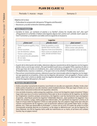 42
GuíaDidáctica-Período1-Lenguaje-1°básicoApoyoCompartido
Plan de clase - Período 1 - Lenguaje - 1º Básico
PLAN DE CLASE 12
Período 1: marzo - mayo Semana 3
Objetivo de la clase:
•	 Profundizar la comprensión del poema“El lagarto está llorando”.
•	 Reconocer y escribir la letra l en distintas palabras.
Inicio (15 minutos)
•	 Socialice la tarea: ¿Le recitaron el poema a su familia? ¿Cómo les resultó esta vez? ¿Por qué?
¿Preguntaron en su familia si habían visto lagartos alguna vez? ¿Cómo son? ¿Dónde viven? ¿Qué co-
men? Comenten y completen una tabla como la siguiente en la pizarra:
•	 A partir de la información de la tabla, relacionen algunas características de los lagartos con los lugares
donde viven y con lo que comen: ¿Por qué tendrán la piel seca y arrugada? (Para soportar el calor o
el frío que hace de noche en el desierto, etc.). ¿Qué comerán los lagartos que viven en el desierto?
(Probablemente, insectos o roedores). ¿Y los que viven en los árboles? (Probablemente, plantas).
•	 Para activar conocimientos previos, relacione lo que han mencionado sobre los lagartos con los lagar-
tos que aparecen en el poema: ¿Cómo son los lagartos del poema? ¿Son arrugados? ¿Tienen cuatro
patas? ¿Qué más? ¿Cómo es donde viven los lagartos del poema? ¿Hay sol? ¿Qué más hay? ¿Qué co-
merán los lagartos del poema? ¿Por qué?
Desarrollo (55 minutos)
•	 Invite a escuchar nuevamente el poema. Lea el texto en voz alta con expresión y fluidez. Invite a leer
todos juntos el poema en voz alta mientras usted modela la lectura. Pida que sigan el texto con su
dedo índice marcando la dirección de izquierda a derecha.
•	 Una vez leído el poema, realice preguntas explícitas: ¿Cómo son los lagartos según el poema? (Viejos:
haga notar que esa es la única característica física que se da en el poema de los lagartos, las demás
las imaginamos nosotros porque conocemos a los lagartos o por las ilustraciones que acompañan
al poema). ¿Qué llevan puesto los lagartos? (Delantales blancos). ¿Qué perdieron los lagartos? (Sus
anillos de casados). Luego, realice preguntas inferenciales: ¿Por qué lloran los lagartos? ¿Cómo es el
lugar en el que están los lagartos? (Tiene un cielo grande, hay sol y pájaros: haga notar que solo por
nuestro conocimiento de los lagartos y por la ilustración sabemos que puede haber tierra, un lago,
plantas, etc.). Pida que desarrollen la Actividad 1 y revise con el curso. El cuadro de arriba es el que
corresponde al paisaje descrito en el poema y el de abajo se diferencia por: uno de los lagartos no
tiene delantal, uno de los lagartos tiene anillo de matrimonio en su mano, el sol tiene una corbata
humita, hay un pájaro menos.
Lagartos
¿Cómo son? ¿Dónde viven? ¿Qué comen?
-	Tienen la piel arrugada y muy
seca.
-	Tienen escamas.
-	Son de distintos colores.
-	Tienen cuatro patas.
-	Se mueven los dos párpados
de sus ojos.
-	Tienen cola larga.
-	Entre las piedras o rocas,
donde hace mucho calor.
-	Algunos viven en el desierto.
-	Otros viven en árboles de la
selva, donde también hace
calor.
-	Algunos comen insectos.
-	Otros comen solo plantas.
-	Otros pueden comer de todo.
 