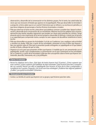 51
GuíaDidáctica-Período1-Lenguaje-1°básicoApoyoCompartido
Plan de clase - Período 1 - Lenguaje - 1º Básico
observación y desarrollo de la conversación en los distintos grupos. Por lo tanto, lea usted todas las
veces que sea necesario el listado que aparece en el papelógrafo. Pida que desarrollen la Actividad 2
y pregunte: ¿Cómo saben que es un cuento? Intencione que se refieran a su escritura en párrafos y a
que tiene imágenes de personajes o hechos ficticios (inventados o irreales).
•	 Pida que observen el texto escrito y descubran qué palabras conocen y pueden leer. Apoye la obser-
vación y desarrollo de la conversación de sus estudiantes. Mientras buscan las palabras que conocen,
aproveche para leerles aquellos segmentos que pueden ser claves para entender los cuentos. Tenga
presente que lo más importante de la lectura grupal es desarrollar el disfrute e interés por la lectura
y su capacidad para comprender textos, aunque no sean capaces de decodificar totalmente el texto
escrito.
•	 Pida que desarrollen en grupos las Actividades 3 a 6 de sus Cuadernos. Lea y explique cada actividad
y resuelva sus dudas. Pida que, a partir de las actividades, presenten al curso el libro que leyeron y
den una opinión sobre él. Para que lo presenten puede entregarles un papelógrafo en el que deben
escribir el título y dibujar de qué se trata.
•	 Organice al curso para que presenten el libro que leyeron. A medida que lo van presentando con el
papelógrafo, ayude a que complementen su presentación con lo que contestaron en las actividades
de su Cuaderno y, a partir de la Actividad 6, pida que den una opinión sobre el texto que leyeron (en-
tretenido, aburrido, interesante, etc.) y la justifiquen.
Cierre (15 minutos)
•	 Revise los objetivos de la clase: ¿Qué tipos de textos leyeron hoy? (Cuentos). ¿Cómo supieron que
eran cuentos? ¿Cómo supieron que hablaban de algo inventado? ¿Qué hicieron para leer y compren-
der sus cuentos? Revise con ellos el papelógrafo que hicieron al inicio de la clase y pregúnteles si
cumplieron los 5 puntos. Pregunte: ¿Les sirvió usar esas estrategias? ¿Pudieron leer algunas palabras?
¿Cuáles? ¿Les gustó la actividad? Comenten.
Tarea para la casa (5 minutos)
•	 Contar a su familia el cuento que leyeron con su grupo y qué hicieron para leer solos.
 