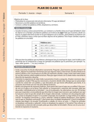54
GuíaDidáctica-Período1-Lenguaje-1°básicoApoyoCompartido
Plan de clase - Período 1 - Lenguaje - 1º Básico
Objetivo de la clase:
•	 Profundizar la comprensión del artículo informativo“El sapo de Bullock”.
•	 Reconocer y escribir palabras con la letra s.
•	 Conocer y utilizar las palabras anfibio, desplazarse y carnívoro.
Inicio (15 minutos)
•	 Socialice la tarea y active conocimientos: ¿Le contaron a su familia cómo era el sapo de Bullock? ¿Qué
les dijeron en su familia? ¿Escribieron palabras con la letra s de sapo? Pida que muestren, desde sus
bancos, la página del Texto escolar en la que trabajaron con su familia. ¿Qué palabras escribieron con
s? Pida a distintos niños y niñas que escriban algunas de las palabras. Para mayor claridad, organice
las palabras en una tabla:
Pida que lean las palabras que escribieron y destaquen la s y la vocal que le sigue. Lean la tabla a coro
partiendo por la combinación y luego los ejemplos de palabras que la presentan, por ejemplo: “sa,
sapo, saltar, gusano…”;“se, seca, insectos…”.
Desarrollo (55 minutos)
•	 Invite a escuchar el artículo informativo nuevamente. Pregunte: ¿Qué tenemos que leer primero? (El
título). ¿Alguien lo puede leer? Dé tiempo para que algunos niños y niñas lo lean. Escriba el título en la
pizarra y léanlo a coro. Lea el texto en voz alta con expresión y fluidez. Luego, invite a leer todos juntos
en voz alta mientras usted modela la lectura. Pida que sigan el texto con su dedo índice marcando la
dirección de izquierda a derecha.
•	 Comenten la experiencia de haber leído nuevamente el texto y pregunte: ¿Pueden reconocer algu-
nas palabras? ¿Cuáles? Pida que las mencionen y muestren dónde están. Busque que se autocorrijan
cuando les cuesta leer una palabra, y que descubran por qué tienen dificultades para leerla. Si es
necesario, lea el texto una vez más para reforzar la lectura.
•	 Realice una pregunta de respuesta explícita: ¿Qué quiere decir que el sapo sea un anfibio? (Que pue-
de vivir en el agua y en la tierra). Para reforzar su comprensión y retención del concepto, pida que
desarrollen individualmente la Actividad 1. Lea el encabezado y las alternativas una vez. Dé tiempo
para que respondan y revise pidiendo que describan la imagen que marcaron, que expliquen por qué
la marcaron y lean lo que dice al lado de la imagen seleccionada. Continúe con otra pregunta explí-
cita: ¿Cómo se desplaza el sapo? Si no pueden responder, lea el párrafo 3 y haga énfasis en la última
oración: “Se desplaza caminando y, a veces, saltando”. Trabaje la palabra desplazarse: ¿Qué significa
que el sapo se“desplaza caminando”? ¿Qué quiere decir la palabra desplazarse? ¿Cómo se desplazan
ustedes para llegar a la escuela? (Caminando, a caballo, en micro, en auto…). ¿Todos los animales
se desplazan caminando o saltando? ¿Cómo se desplazan los pájaros? ¿Y los peces? Para reforzar su
comprensión y retención del concepto, pida que desarrollen la Actividad 2. Revise con el curso escri-
biendo la respuesta en la pizarra.
PLAN DE CLASE 18
Palabras con s
sa sapo, saltar, gusano…
se seca, insectos, seguir…
si silla, música, sí…
so soldado, eso, oso…
su sur, subir, asustado…
Período 1: marzo - mayo Semana 5
 