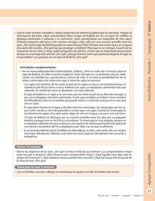 57
GuíaDidáctica-Período1-Lenguaje-1°básicoApoyoCompartido
Plan de clase - Período 1 - Lenguaje - 1º Básico
•	 Vuelva a leer el texto completo y realice preguntas de inferencia global que les permitan integrar la
información del texto: ¿Qué características tiene el sapo de Bullock por ser un sapo? (Es anfibio, se
desplaza caminando y saltando, y es carnívoro). ¿Qué características son especiales de este sapo?
(Tamaño pequeño; piel seca y con muchas verrugas; color café con una mancha amarilla entre los
ojos). ¿Por qué el sapo de Bullock puede ser especial para Chile? (Porque solo existe aquí y en ninguna
otra parte del mundo). ¿Por qué hay que proteger su hábitat? (Para que no se extinga). A partir de las
respuestas de los niños y niñas, realice preguntas de opinión: ¿Creen que es importante preocuparse
de que no se extinga este animal? ¿Por qué? ¿De qué manera creen que podría protegerse el lugar en
el que habita? ¿Les gustaría ver un sapo de Bullock? ¿Por qué?
Cierre (15 minutos)
•	 Revise los objetivos de la clase: ¿De qué se trata el artículo que leímos? ¿Lo comprendieron mejor
cada vez que lo leíamos? ¿Qué hicieron para comprenderlo mejor? ¿Qué significa que algo esté en
peligro de“extinción”? ¿Qué palabras nuevas pueden leer y escribir? ¿Qué fue lo que más les gustó de
la clase de hoy? ¿Por qué?
Tarea para la casa (5 minutos)
•	 Con un familiar, recortar o dibujar un animal que les guste y escribir el nombre del animal.
Actividades complementarias:
•	 Ver en www.anfibiosdechile.cl/telmatobufo_bullocki_.html un video de 4 minutos sobre el
sapo de Bullock. El video muestra imágenes reales del sapo en su ambiente natural, expli-
cando con claridad sus características y forma de vida. Si no tiene la posibilidad de ver el
video, cuente algo más sobre este sapo y sobre los sapos en general:
- Los sapos son distintos de las ranas: la piel de los sapos es seca y con protuberancias, en
cambio la piel de las ranas es lisa y brillante; los sapos se desplazan caminando más que
saltando, en cambio las ranas se desplazan casi solo saltando.
- El sapo de Bullok es un sapo y no una rana, por eso tiene la piel seca y llena de verrugas, y
por eso se desplaza más bien caminando. A este sapo también se le llama“rana montana
de Nahuelbuta”, pero es un nombre que puede inducir a confusión, porque no es una rana
sino un sapo.
- El sapo pone huevos en el agua y de ellos salen los renacuajos. Los renacuajos son los sa-
pos recién nacidos y son más parecidos a un pez que a un sapo. Cuando los renacuajos se
transforman en sapos y les salen patas, dejan de vivir en el agua y se van a vivir a la tierra.
- El sapo de Bullock se distingue por su mancha amarilla entre los ojos, por su pequeño
tamaño y porque vive en ríos fríos y correntosos. Su renacuajo es muy singular, porque no
se desplaza nadando sino que su boca es una especie de ventosa que le permite agarrarse
con fuerza a las piedras del río y desplazarse por ellas a la vez que se alimenta.
- Es un animal endémico de la Cordillera de Nahuelbuta, es decir, solo existe allí y en ningún
otro lugar del planeta. Además, está entre las cinco especies del planeta más cercanas a
extinguirse.
 