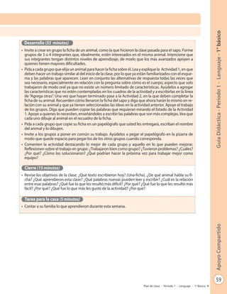 59
GuíaDidáctica-Período1-Lenguaje-1°básicoApoyoCompartido
Plan de clase - Período 1 - Lenguaje - 1º Básico
Desarrollo (55 minutos)
•	 Invite a crear en grupo la ficha de un animal, como la que hicieron la clase pasada para el sapo. Forme
grupos de 3 o 4 integrantes que, idealmente, estén interesados en el mismo animal. Intencione que
sus integrantes tengan distintos niveles de aprendizaje, de modo que los más avanzados apoyen a
quienes tienen mayores dificultades.
•	 Pida a cada grupo que elija un animal para hacer la ficha sobre él. Lea y explique la Actividad 1, en que
deben hacer un trabajo similar al del inicio de la clase, por lo que ya están familiarizados con el esque-
ma y las palabras que aparecen. Lean en conjunto las alternativas de respuesta todas las veces que
sea necesario, especialmente en relación con la pregunta sobre cómo es el cuerpo, aspecto que solo
trabajaron de modo oral ya que no existe un número limitado de características. Ayúdelos a agregar
las características que no estén contempladas en los cuadros de la actividad y a escribirlas en la línea
de“Agrega otras”. Una vez que hayan terminado pase a la Actividad 2, en la que deben completar la
ficha de su animal. Recuerden cómo llenaron la ficha del sapo y diga que ahora harán lo mismo en re-
lación con su animal y que ya tienen seleccionadas las ideas en la actividad anterior. Apoye el trabajo
de los grupos. Diga que pueden copiar las palabras que requieran mirando el listado de la Actividad
1. Apoye a quienes lo necesiten, enseñándoles a escribir las palabras que son más complejas.Vea que
cada uno dibuje al animal en el recuadro de la ficha.
•	 Pida a cada grupo que copie su ficha en un papelógrafo que usted les entregará, escriban el nombre
del animal y lo dibujen.
•	 Invite a los grupos a poner en común su trabajo. Ayúdelos a pegar el papelógrafo en la pizarra de
modo que quede espacio para pegar los de los otros grupos cuando corresponda.
•	 Comenten la actividad destacando lo mejor de cada grupo y aquello en lo que pueden mejorar.
Reflexionen sobre el trabajo en grupo: ¿Trabajaron bien como grupo? ¿Tuvieron problemas? ¿Cuáles?
¿Por qué? ¿Cómo los solucionaron? ¿Qué podrían hacer la próxima vez para trabajar mejor como
equipo?
Cierre (15 minutos)
•	 Revise los objetivos de la clase: ¿Qué texto escribieron hoy? (Una ficha). ¿De qué animal habla su fi-
cha? ¿Qué aprendieron esta clase? ¿Qué palabras nuevas pueden leer y escribir? ¿Cuál es la relación
entre esas palabras? ¿Qué fue lo que les resultó más difícil? ¿Por qué? ¿Qué fue lo que les resultó más
fácil? ¿Por qué? ¿Qué fue lo que más les gustó de la actividad? ¿Por qué?
Tarea para la casa (5 minutos)
•	 Contar a su familia lo que aprendieron durante esta semana.
 
