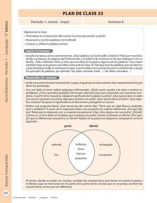 64
GuíaDidáctica-Período1-Lenguaje-1°básicoApoyoCompartido
Plan de clase - Período 1 - Lenguaje - 1º Básico
PLAN DE CLASE 23
Objetivo de la clase:
•	 Profundizar la comprensión del cuento“La ostra que perdió su perla”.
•	 Reconocer y escribir palabras con la letra d.
•	 Conocer y utilizar la palabra sustituir.
Inicio (15 minutos)
•	 Socialice la tarea y active conocimientos: ¿Qué palabras con la letra d escribieron? Pida que muestren,
desde sus bancos, las páginas del Texto escolar y Cuaderno de escritura en las que trabajaron con su
familia. Pida a distintos niños y niñas que escriban en la pizarra algunas de las palabras. Para mayor
claridad, haga en la pizarra una tabla como la de la Clase 18. Pida que lean las palabras que escribieron
y que destaquen la d y la vocal que le sigue. Lean la tabla a coro partiendo por la combinación y luego
los ejemplos de palabras, por ejemplo:“da, dado, moneda, hada…”;“de, dedo, merodear…”.
Desarrollo (55 minutos)
•	 Invite a escuchar el texto nuevamente. Luego, al igual que la clase anterior, lean representando lo que
dicen los personajes.
•	 Una vez leído el texto, realice preguntas inferenciales: ¿Quién quiso ayudar a la ostra a resolver su
problema? ¿Cómo pensaba ayudarla? Dé tiempo suficiente para que respondan con oraciones com-
pletas. A partir de la respuesta, trabaje el significado de la palabra sustituir: ¿Qué quiere decir el ratón
con que es necesario encontrar algo para sustituir a la perla? ¿Qué quiere hacer el ratón? ¿Qué signi-
fica sustituir? Busquen el significado en el diccionario y pónganlo en común.
•	 Realice una pregunta literal: ¿Qué personaje del cuento dijo: “Tiene que ser algo blanco, pequeño,
duro y brillante”? A partir de la respuesta realice una pregunta de carácter inferencial: ¿Por qué dijo
eso? Relacione la respuesta con su experiencia personal: ¿Han visto alguna vez una perla? ¿Dónde?
¿Cómo es? ¿Cómo debe ser el objeto que sustituya a la perla? ¿Puede sustituirla un diente? ¿Por qué?
¿En qué se diferencian una perla y un diente? Realice en la pizarra un diagrama comparativo como el
siguiente:
Al centro, donde se juntan los círculos, escriben las características que tienen en común la perla y
el diente y que se mencionan en el cuento. En la parte de los círculos que no se juntan, escriben las
características en las que son diferentes.
perla diente
brillantes
duros
blancos
pequeños
redonda rectangular
lisa con puntas
Período 1: marzo - mayo Semana 6
 