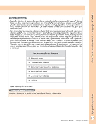 67
GuíaDidáctica-Período1-Lenguaje-1°básicoApoyoCompartido
Plan de clase - Período 1 - Lenguaje - 1º Básico
Cierre (15 minutos)
•	 Revise los objetivos de la clase: ¿Comprendieron mejor el texto“La ostra que perdió su perla”? ¿Cómo
lo saben? ¿Qué cosas nuevas aprendieron con el texto? ¿Aprendieron alguna palabra nueva? ¿Cuál?
¿Pueden decir con sus propias palabras lo que significa roer? ¿Qué palabras nuevas aprendieron a
leer y escribir? ¿Pueden leer mejor ahora? ¿Y contar mejor el cuento? ¿Por qué? Entonces, ¿para que
es útil leer bien?
•	 Para sistematizar las respuestas y destacar el valor de la lectura, pegue una cartulina en la pizarra con
el encabezado “Leer y comprender nos sirve para” y tenga listas etiquetas con las siguientes ideas:
Saber más cosas, Conocer nuevas palabras, Comunicar mejor lo que leí a los demás, Hablar y escribir
mejor, Leer nuevos textos. Tenga, además, dos o tres etiquetas sin escribir. Pregunte: ¿Para qué les
sirve leer y comprender mejor un texto? A medida que vayan diciendo para qué les sirve, vaya entre-
gando la etiqueta que se acerque lo más posible a la idea mencionada por el niño o niña y pida que
la pegue bajo el encabezado del papelógrafo. Siga así hasta que hayan pegado todas las etiquetas.
Si alguien menciona una idea que no está contenida en ninguna de las etiquetas, escríbala usted en
una de las etiquetas en blanco, para que el estudiante la pegue. El papelógrafo debería quedar más
o menos así:
Lea el papelógrafo con el curso.
Tarea para la casa (5 minutos)
•	 Contar a alguien de su familia lo que aprendieron durante esta semana.
Leer y comprender nos sirve para:
n Conocer nuevas palabras.
n Comunicar mejor lo que leí a los demás.
n Hablar y escribir mejor.
n Leer mejor nuevos textos.
n Disfrutar.
n Saber más cosas.
 