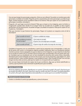 69
GuíaDidáctica-Período1-Lenguaje-1°básicoApoyoCompartido
Plan de clase - Período 1 - Lenguaje - 1º Básico
Una vez que tengan los personajes, pregunte: ¿Cómo se van a llamar? Acuerden un nombre para cada
personaje y escríbalo en la tabla. Pregunte por las características de estos personajes y escriba lo que
digan, aunque después no las consideren todas en la historia. Pida que copien en sus Cuadernos los
personajes y nombres, Actividad 2.
•	 Pregunte: ¿En qué lugar ocurrirá la historia? Pida que se basen en las imágenes, pero no limite su
imaginación: pueden decir desde “en el campo” hasta “en el jardín de un castillo”, es decir, lugares
pertinentes con las ilustraciones. Acuerden el lugar y escríbalo en la pizarra. Pida que lo copien en sus
Cuadernos, Actividad 3.
•	 Pida que inventen lo que hicieron los personajes. Pegue en la pizarra un esquema como el de la
Actividad 4:
Complete el esquema con sus estudiantes a partir de las preguntas que corresponden a cada una
de las partes del cuento. Le entregamos algunas posibles respuestas, pero sus estudiantes podrían
inventar acciones menos apegadas a lo que se observa en las imágenes. Lo que importa en esta fase
no es escribir el cuento sino un“punteo”de las acciones que corresponden a las tres partes del cuen-
to. Considere que sus estudiantes aún no han estudiado la estructura del cuento (inicio, desarrollo,
desenlace) pero sí han trabajado secuencias de acciones, por eso las preguntas guías deben ser: ¿Qué
sucedió primero? ¿Qué sucedió después o qué problema hubo? ¿Qué sucedió al final? Una vez que
tengan escritas estas acciones, pida que las copien en el esquema de sus Cuadernos.
•	 Una vez que hayan terminado de copiar, lea lo que escribieron, diga que ya tienen planificado su
cuento y que la próxima clase retomarán la planificación para escribirlo.
Cierre (15 minutos)
Revise los objetivos de la clase: ¿Planificaron un cuento? ¿Cómo les resultó? ¿Por qué? ¿Qué fue lo que
les resultó más difícil? ¿Por qué? ¿Qué fue lo que les resultó más fácil? ¿Por qué? ¿Les gustó planificar
el cuento? ¿Por qué? ¿Qué importancia tiene planificar un cuento que se va a escribir? Comenten.
Tarea para la casa (5 minutos)
•	 Contar a su familia el cuento que planificaron y cómo lo hicieron.
¿Qué sucedió al inicio? - El perro cuidaba las ovejas.
¿Qué problema tuvieron
los personajes?
- Una oveja se escapó.
- El perro vio a la oveja que se escapó.
¿Qué sucedió al final? - El perro trajo de vuelta a la oveja de una oreja.
 