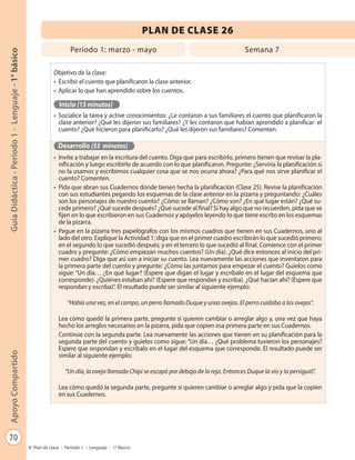 70
GuíaDidáctica-Período1-Lenguaje-1°básicoApoyoCompartido
Plan de clase - Período 1 - Lenguaje - 1º Básico
PLAN DE CLASE 26
Objetivo de la clase:
•	 Escribir el cuento que planificaron la clase anterior.
•	 Aplicar lo que han aprendido sobre los cuentos.
Inicio (15 minutos)
•	 Socialice la tarea y active conocimientos: ¿Le contaron a sus familiares el cuento que planificaron la
clase anterior? ¿Qué les dijeron sus familiares? ¿Y les contaron que habían aprendido a planificar el
cuento? ¿Qué hicieron para planificarlo? ¿Qué les dijeron sus familiares? Comenten.
Desarrollo (55 minutos)
•	 Invite a trabajar en la escritura del cuento. Diga que para escribirlo, primero tienen que revisar la pla-
nificación y luego escribirlo de acuerdo con lo que planificaron. Pregunte: ¿Serviría la planificación si
no la usamos y escribimos cualquier cosa que se nos ocurra ahora? ¿Para qué nos sirve planificar el
cuento? Comenten.
•	 Pida que abran sus Cuadernos donde tienen hecha la planificación (Clase 25). Revise la planificación
con sus estudiantes pegando los esquemas de la clase anterior en la pizarra y preguntando: ¿Cuáles
son los personajes de nuestro cuento? ¿Cómo se llaman? ¿Cómo son? ¿En qué lugar están? ¿Qué su-
cede primero? ¿Qué sucede después? ¿Qué sucede al final? Si hay algo que no recuerden, pida que se
fijen en lo que escribieron en sus Cuadernos y apóyelos leyendo lo que tiene escrito en los esquemas
de la pizarra.
•	 Pegue en la pizarra tres papelógrafos con los mismos cuadros que tienen en sus Cuadernos, uno al
lado del otro. Explique la Actividad 1; diga que en el primer cuadro escribirán lo que sucedió primero;
en el segundo lo que sucedió después; y en el tercero lo que sucedió al final. Comience con el primer
cuadro y pregunte: ¿Cómo empiezan muchos cuentos? (Un día). ¿Qué dice entonces al inicio del pri-
mer cuadro? Diga que así van a iniciar su cuento. Lea nuevamente las acciones que inventaron para
la primera parte del cuento y pregunte: ¿Cómo las juntamos para empezar el cuento? Guíelos como
sigue: “Un día… ¿En qué lugar? (Espere que digan el lugar y escríbalo en el lugar del esquema que
corresponde). ¿Quiénes estaban ahí? (Espere que respondan y escriba). ¿Qué hacían ahí? (Espere que
respondan y escriba)”. El resultado puede ser similar al siguiente ejemplo:
“Había una vez, en el campo, un perro llamado Duque y unas ovejas. El perro cuidaba a las ovejas”.
Lea cómo quedó la primera parte, pregunte si quieren cambiar o arreglar algo y, una vez que haya
hecho los arreglos necesarios en la pizarra, pida que copien esa primera parte en sus Cuadernos.
Continúe con la segunda parte. Lea nuevamente las acciones que tienen en su planificación para la
segunda parte del cuento y guíelos como sigue: “Un día… ¿Qué problema tuvieron los personajes?
Espere que respondan y escríbalo en el lugar del esquema que corresponde. El resultado puede ser
similar al siguiente ejemplo:
“Un día, la oveja llamada Chipi se escapó por debajo de la reja. Entonces Duque la vio y la persiguió”.
Lea cómo quedó la segunda parte, pregunte si quieren cambiar o arreglar algo y pida que la copien
en sus Cuadernos.
Período 1: marzo - mayo Semana 7
 