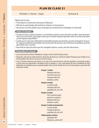 80
GuíaDidáctica-Período1-Lenguaje-1°básicoApoyoCompartido
Plan de clase - Período 1 - Lenguaje - 1º Básico
PLAN DE CLASE 31
Objetivo de la clase:
•	 Profundizar la comprensión del poema“Mariposa”.
•	 Reforzar los aprendizajes del período en relación con los poemas.
•	 Reconocer y escribir palabras que contengan las combinaciones trabajadas en el período.
Inicio (15 minutos)
•	 Socialice la tarea: ¿Qué le contaron a sus familiares sobre la corrección de la prueba? ¿Qué aprendie-
ron con la corrección? ¿Qué saben ahora que no habían logrado aprender antes de revisar la prueba?
¿Cómo lograron aprenderlo?
•	 Cuente que en esta clase reforzarán lo aprendido durante este período y que fue evaluado en la prue-
ba. Diga que realizarán actividades de comprensión de lectura y que reforzarán las palabras que han
aprendido a leer y escribir.
•	 Recuerde los tipos de textos que han trabajado (poema, cuento, artículo informativo).
Desarrollo (55 minutos)
•	 Lea nuevamente el texto“Mariposa”. Luego, invite a leerlo todos juntos.
•	 Pregunte: ¿De qué se trata el texto? ¿Qué tipo de texto es? ¿Cómo lo saben? Busque que se fijen en su
forma gráfica (escrito en verso) y en cómo suena.
•	 Leer o recitar el poema por partes, si es que ya lo memorizaron; esto les ayudará a conocerlo mejor,
a notar que hay segmentos completos que se repiten y a ser conscientes de que el hablante le está
pidiendo a la mariposa que se quede quieta. Para recitar, divida al curso en tres grupos y proceda del
siguiente modo:
Grupo 1 recita:
Mariposa del aire,
qué hermosa eres,
mariposa del aire
dorada y verde.
Grupo 2 recita:
Luz del candil,
mariposa del aire,
¡quédate ahí, ahí, ahí!
Grupo 3 recita:
No te quieres parar,
pararte no quieres.
Mariposa del aire
dorada y verde.
Grupo 2 recita nuevamente:
Luz de candil,
mariposa del aire,
¡quédate ahí, ahí, ahí!
Todos juntos recitan:
¡Quédate ahí!
Mariposa, ¿estás ahí?
Período 1: marzo - mayo Semana 8
 