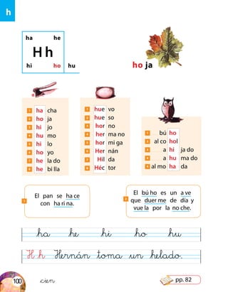 &cien
1 	 hue	vo
2 	 hue	so
3 	 hor	no
4 	 her	 ma no
5 	 hor	 mi ga
6 	 Her	nán
7 	 Hil	da
8 	 Héc	tor
ha he
hi ho
H h
hu ho ja
El pan se ha ce
con ha ri na.
El bú ho es un a ve
que duer me de día y
vue la por la no che.
2
1 bú	 ho
2 al co 	hol
3 a 	hi	 ja do
4 a 	hu	 ma do
4 al mo 	ha	 da
1 ha	cha
2 ho	ja
3 hi	jo
4 hu	mo
5 hi	lo
6 ho	yo
7 he	 la do
8 he	 bi lla
H &h Hernán &toma &un &helado.
&ha &he &hi &ho &hu
1
h
100 pp. 82
 