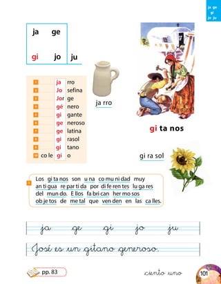 &ciento &uno
1 ja	 rro
2 Jo	 sefina
3 Jor	ge
4 gé	 nero
5 gi	 gante
6 ge	 neroso
7 ge	latina
8 gi	rasol
9 gi	 tano
10 co le 	gi	o
gi ta nos
ja ge
gi jo ju
Los gi ta nos son u na co mu ni dad muy
an ti gua re par ti da por di fe ren tes lu ga res
del mun do. E llos fa bri can her mo sos
ob je tos de me tal que ven den en las ca lles.
1
&ja &ge &gi &jo &ju
José &es &un &gitano &generoso.
gi ra sol
ja rro
ja ge
gi
jo ju
101pp. 83
 