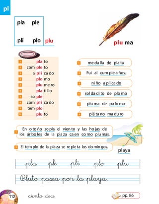 pl
1 	 	pla	to
2 	 com	ple	to
3 	 a	 pli	 ca do
4 	 	plo	mo
5 	 	plu	me ro
6 	 	pla	ti llo
7 	 so	ple
8 	 com	 pli	 ca do
9 	 tem	plo
10 	 	plu	to
plu ma
pla ple
pli plo plu
En o to ño so pla el vien to y las ho jas de
los ár bo les de la pla za ca en co mo plu mas.
1
El tem plo de la pla za se re ple ta los do min gos.2
me da lla de pla ta1
Fui al cum ple a ños.2
ni ño a pli ca do3
sol da di to de plo mo4
plu ma de pa lo ma5
plá ta no ma du ro6
playa
Pluto &pasea &por &la &playa.
&pla &ple &pli &plo &plu
&ciento &doce112 pp. 86
 