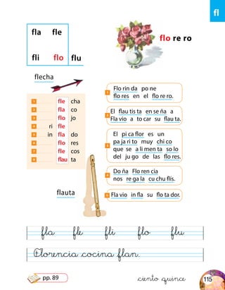 fl
fla fle fli flo flu
Florencia &cocina &flan.
1 	 fle	 cha
2 	 fla	 co
3 	 flo	 jo
4 ri	 fle
5 in	 fla	 do
6 	 flo	 res
7 	 fle	 cos
8 	 flau	 ta
fla fle
fli flo flu
Flo rin da po ne
flo res en el flo re ro.
1
El flau tis ta en se ña a
Fla vio a to car su flau ta.
2
Do ña Flo ren cia
nos re ga la cu chu flís.
4
Fla vio in fla su flo ta dor.5
El pi ca flor es un
pa ja ri to muy chi co
que se a li men ta so lo
del ju go de las flo res.
3
flo re ro
flauta
flecha
&ciento &quince 115pp. 89
 