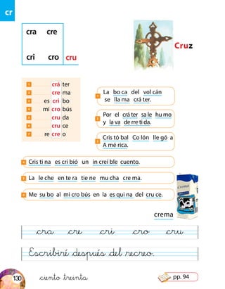 cr
Escribiré &después &del &recreo.
&cra &cre &cri &cro &cru
crema
1 	 	 crá	 ter
2 	 	 cre	 ma
3 	 es	 cri	 bo
4 	 mi	cro	bús
5 	 	cru	da
6 	 	cru	ce
7 	 re	cre	 o
Cruz
cra cre
cri cro cru
Por el crá ter sa le hu mo
y la va de rre ti da.
2
Cris tó bal Co lón lle gó a
A mé rica.
3
Me su bo al mi cro bús en la es qui na del cru ce.6
La le che en te ra tie ne mu cha cre ma.5
Cris ti na es cri bió un in creí ble cuento.4
&ciento &treinta
La bo ca del vol cán
se lla ma crá ter.
1
130 pp. 94
 